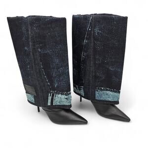 Jimmy Choo x Jean Paul Gaultier Demin Cuff Black Leather Heel Boot Size 37 US 7